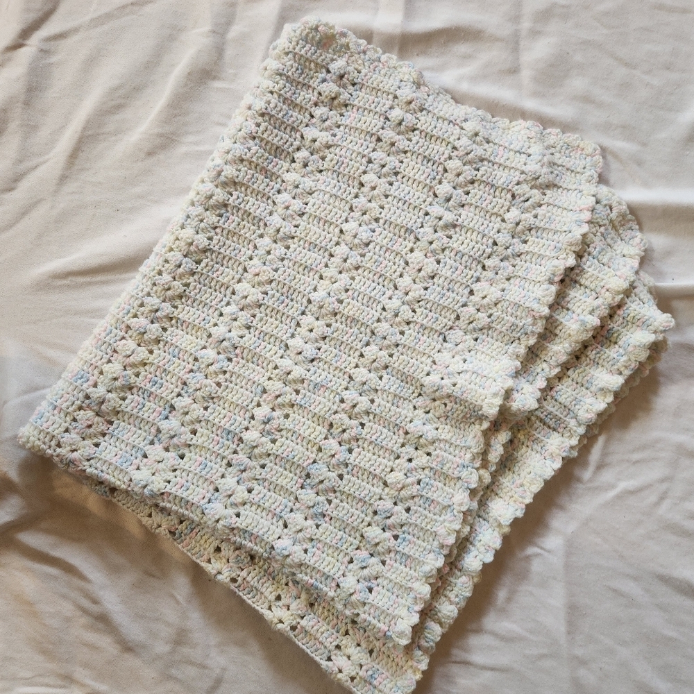 Handmade Crochet Baby Shower Blanket Pastel Popcorn Stitch 33x42 Soft Cozy Gift